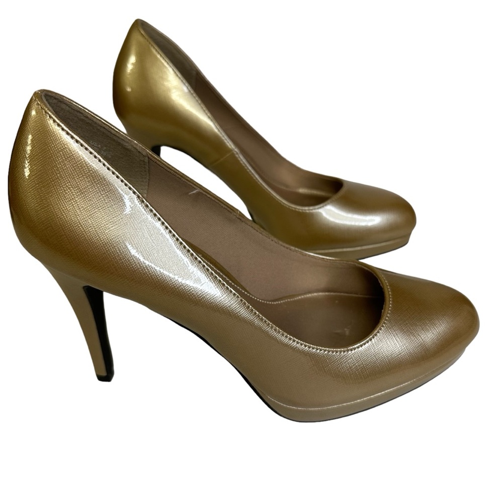 Christian Siriano Payless Gold 4.25 Inch Stiletto High Heels Platform Shoes Sz 7